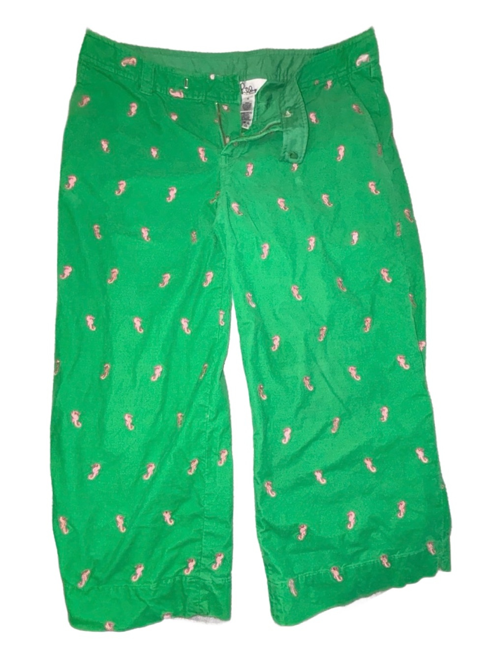 LILLY PULITZER Vintage Green w/Pink Seahorses Corduroy Wide Leg Cropped Size 10